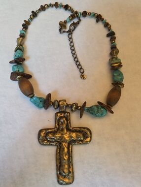 Boho Turquoise & Brass Cross Pendant Necklace